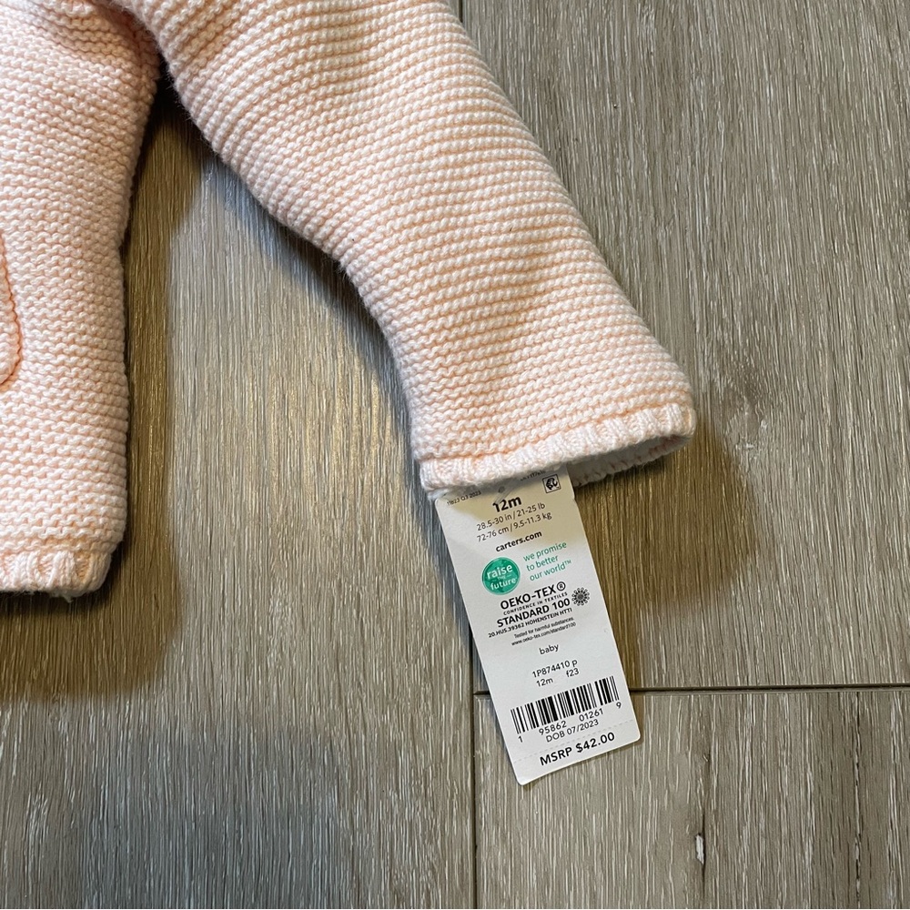Carter's 12M‎ Baby Girl Pink Knit Sherpa Lined Hooded Cardigan Jacket Bear Ears - Picture 4 of 8